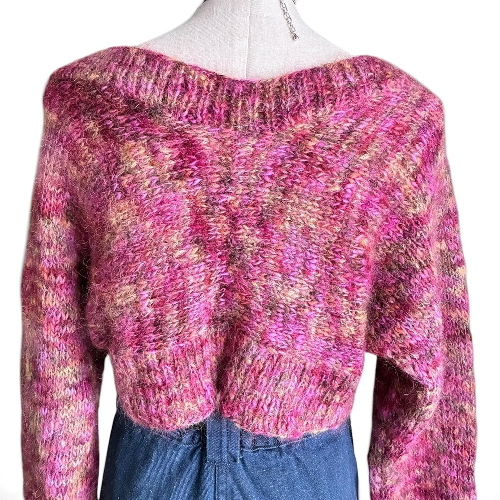 Hand Knit Pink & Beige Mohair Cropped Bolero Shrug Sweater S/M - Picture 3 of 10